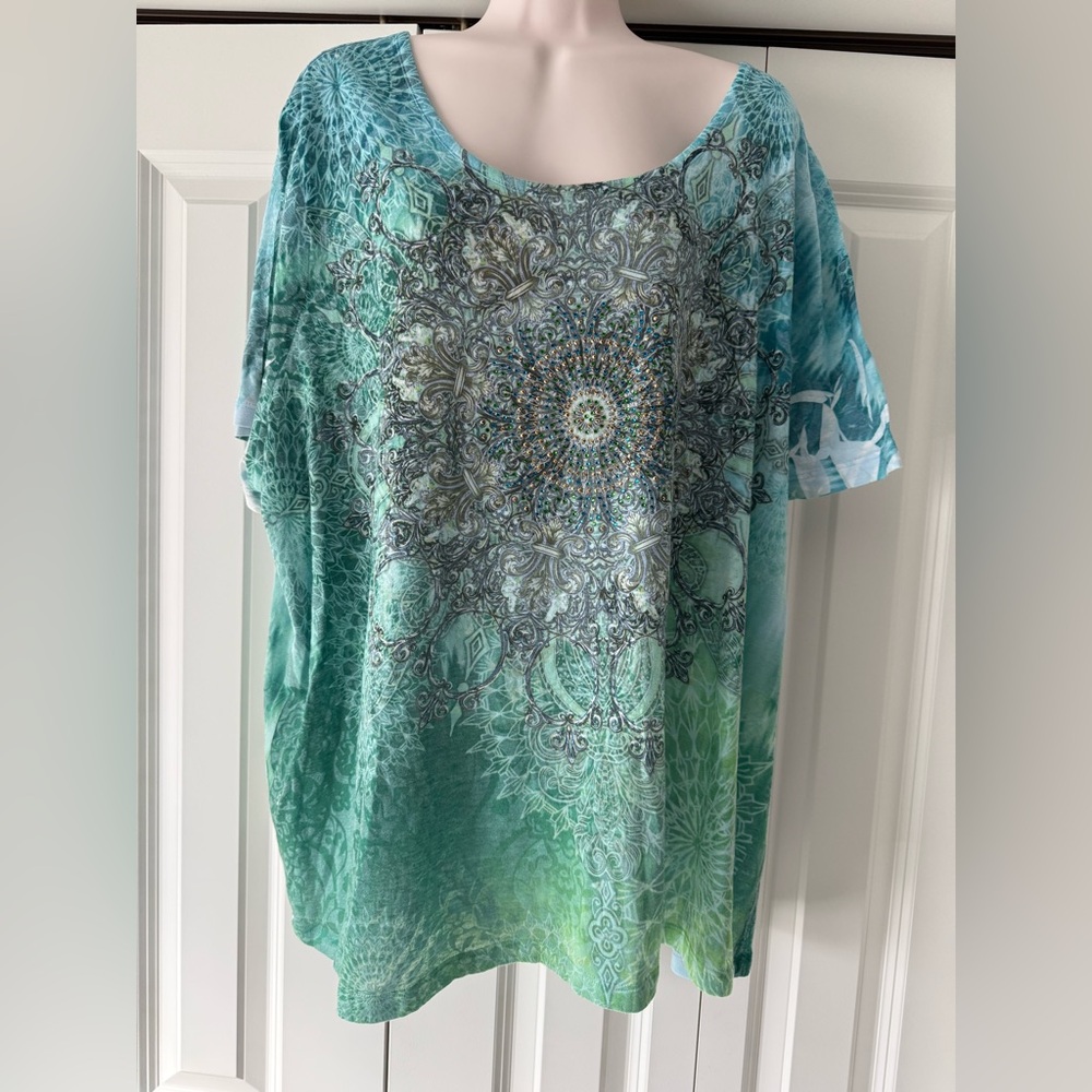 Catherines green floral sequins lightweight top shirt 3X petite